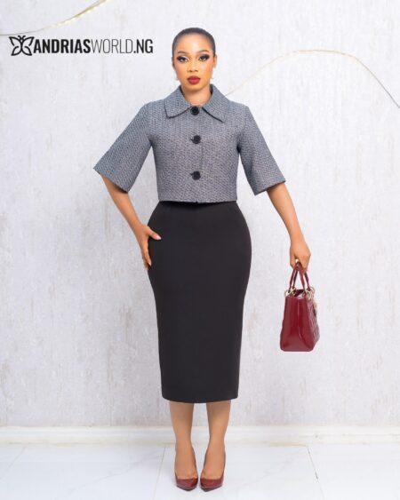 GREY TWEED TOP AND BLACK SKIRT SET