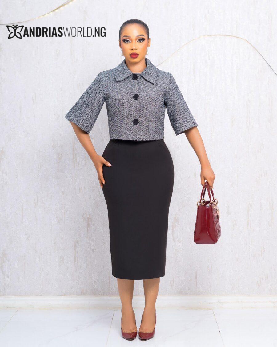 GREY TWEED TOP AND BLACK SKIRT SET