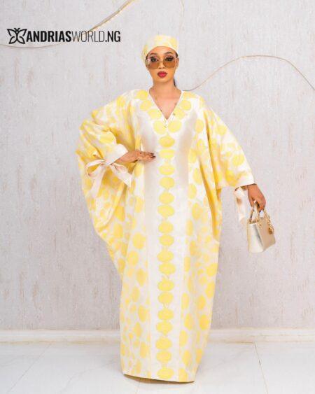 YELLOW AND OFF-WHITE DAMASK BUBU WITH ZARA SCARF