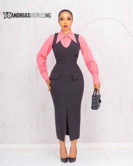 DARK GREY PINAFORE DRESS WITH PINK SHIRT