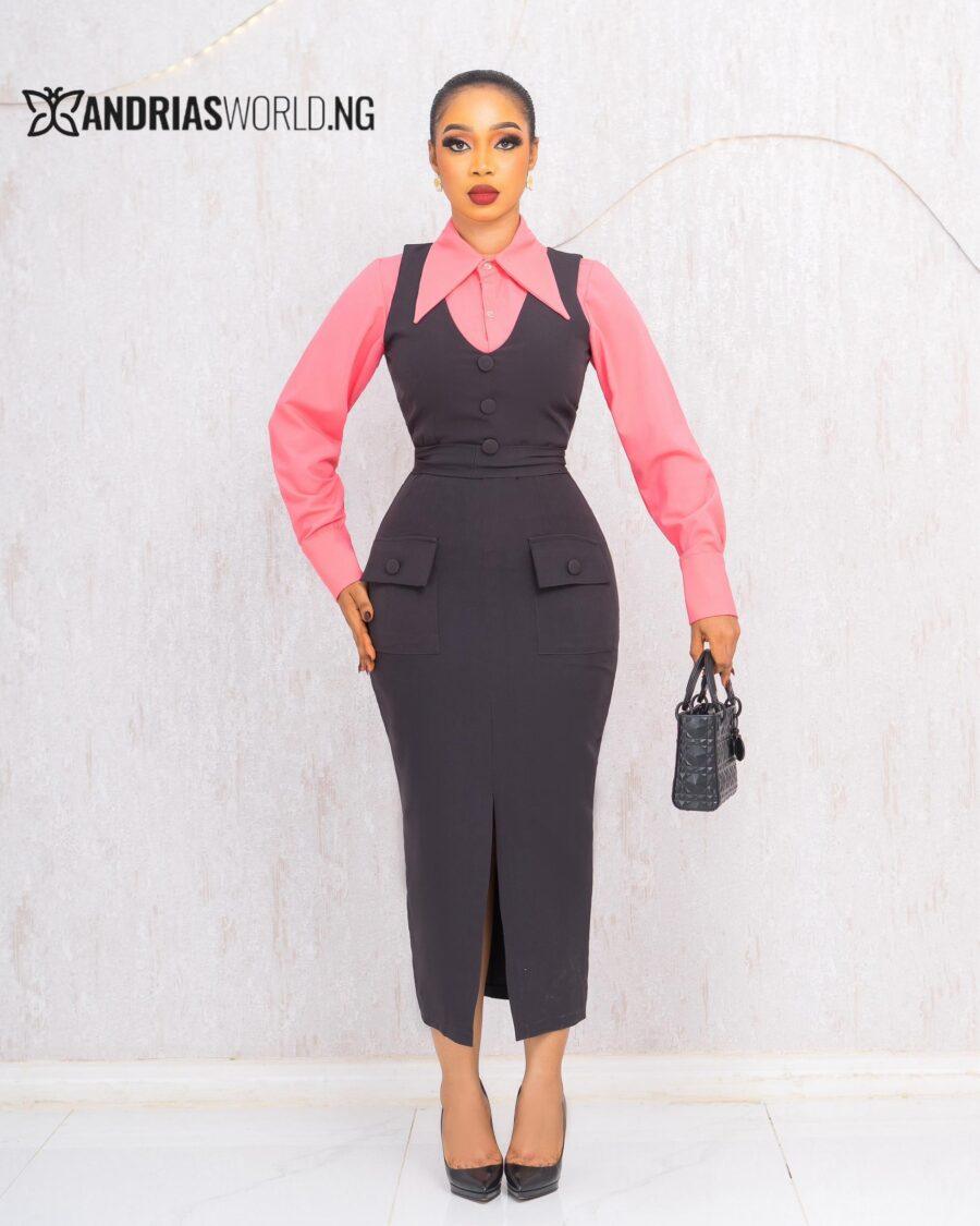 DARK GREY PINAFORE DRESS WITH PINK SHIRT