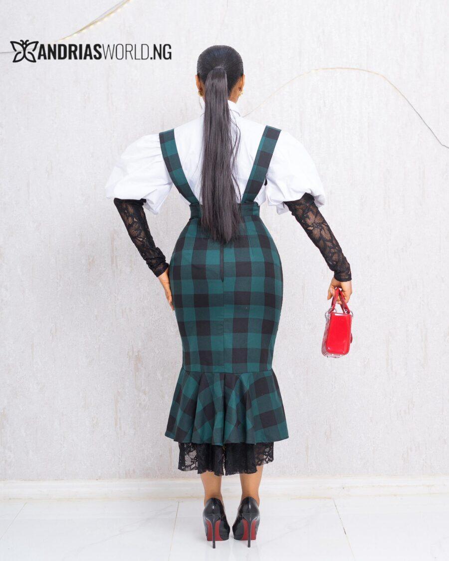 GREEN CHECK PINAFORE DRESS WITH WHITE PUFFY SHIRT