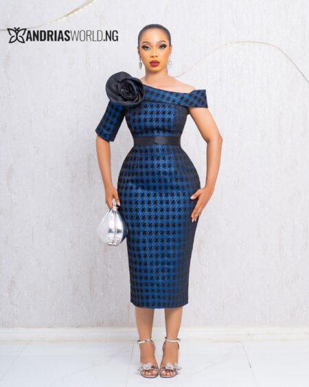 BLUE AND BLACK HOUNDSTOOTH DAMASK DRESS