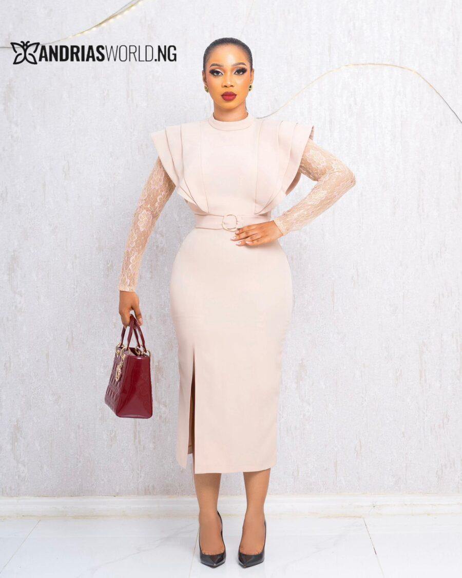 NUDE MIDI DRESS WITH LACE SLEEVES