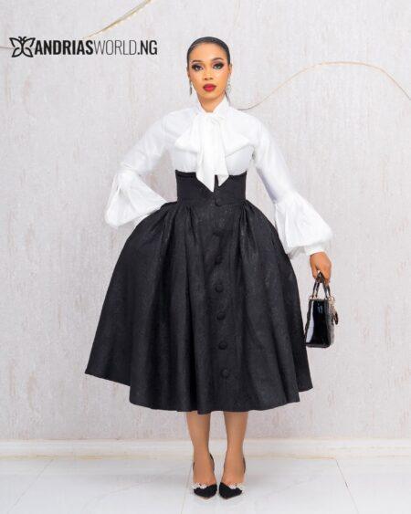 WHITE TOP WITH BLACK DAMASK SKATER SKIRT