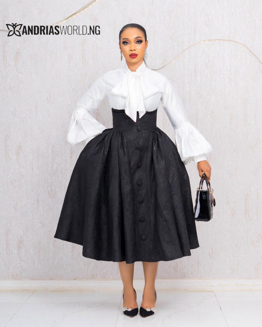 WHITE TOP WITH BLACK DAMASK SKATER SKIRT