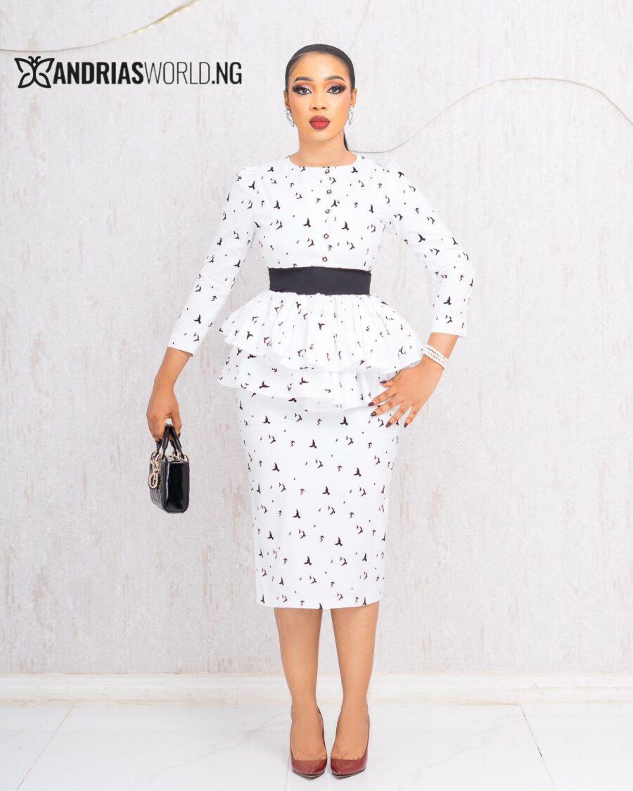WHITE AND BLACK PATTERN PEPLUM TOP AND SKIRT SET