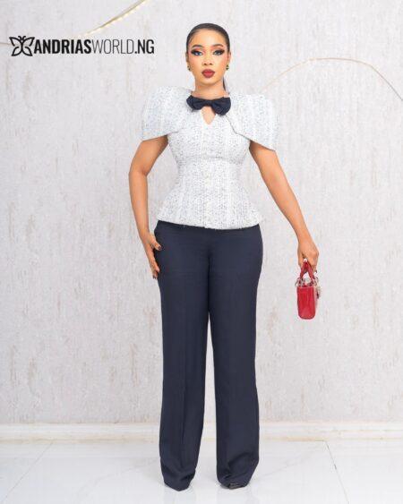 WHITE STUDDED TWEED TOP WITH NAVYBLUE TROUSER