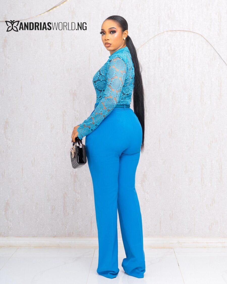 BLUE TWO PIECE TROUSER SET WITH LACE TOP (WITHOUT BELT)