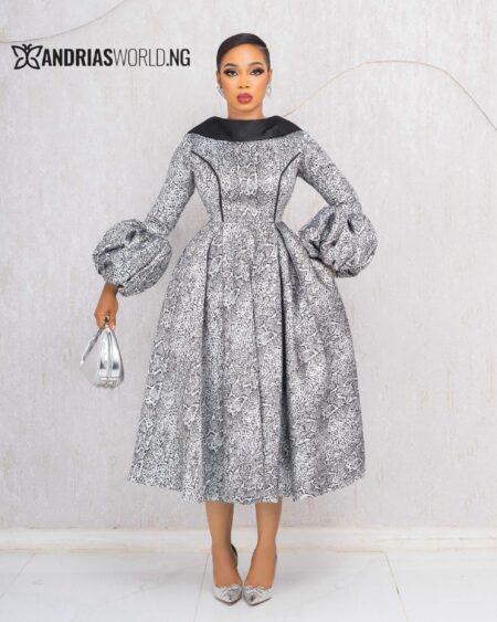 BLACK AND SILVER DAMASK SKATER DRESS WITH PUFFY SLEEVES