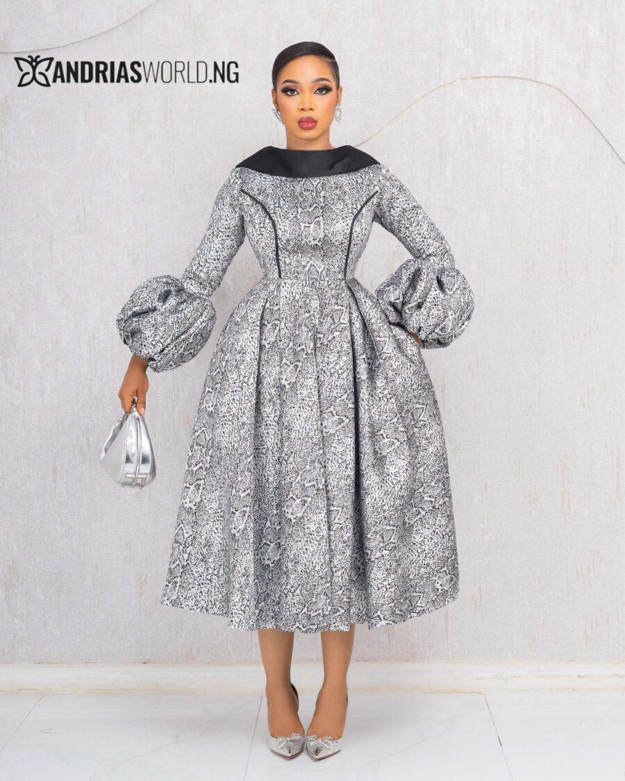BLACK AND SILVER DAMASK SKATER DRESS WITH PUFFY SLEEVES
