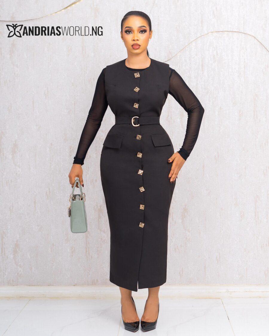 BLACK BUTTON DOWN MIDI DRESS WITH MESH SLEEVES
