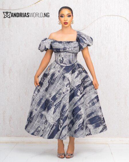 NAVYBLUE DAMASK SKATER DRESS WITH PUFFY SLEEVES