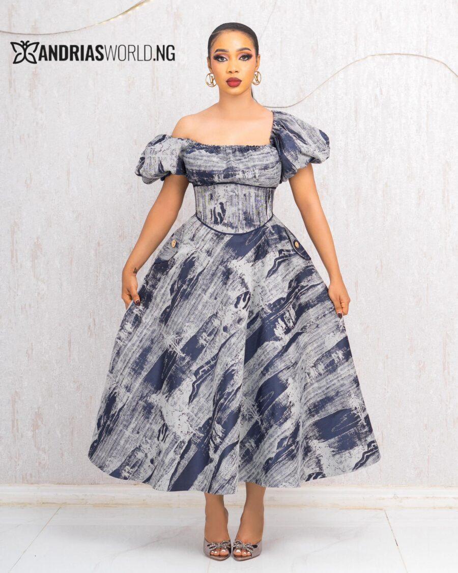 NAVYBLUE DAMASK SKATER DRESS WITH PUFFY SLEEVES