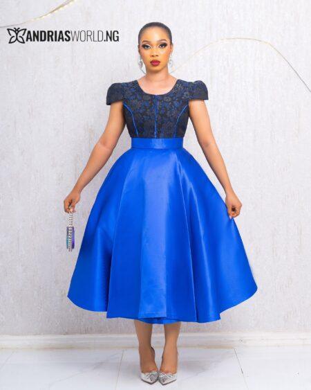 BLUE MIKADO SKATER DRESS WITH DAMASK DETAILS