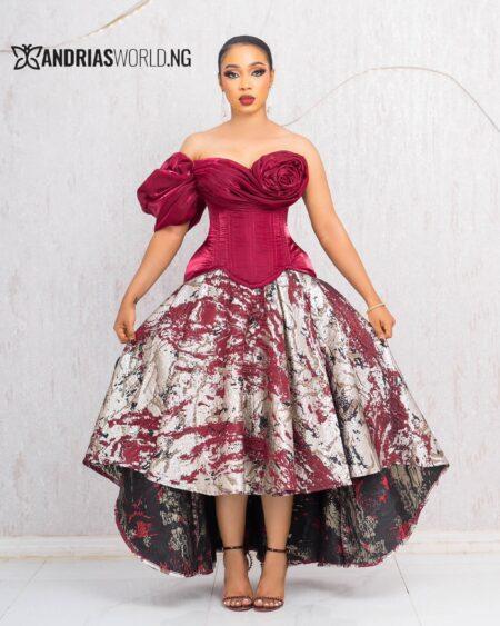 WINE RUCHED CORSET TOP WITH DAMASK SKIRT