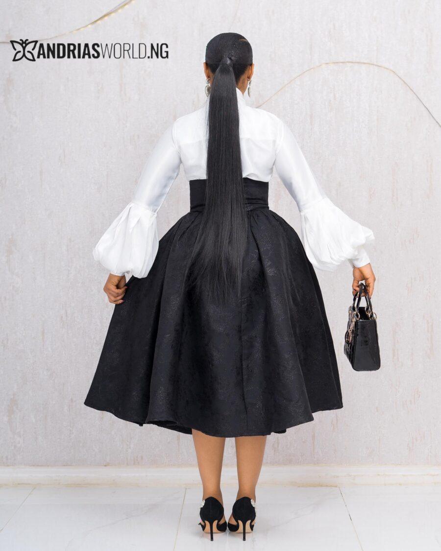 WHITE TOP WITH BLACK DAMASK SKATER SKIRT