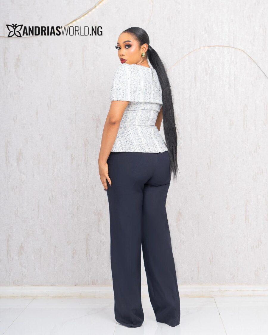 WHITE STUDDED TWEED TOP WITH NAVYBLUE TROUSER