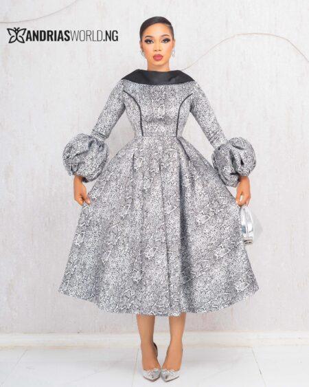 BLACK AND SILVER DAMASK SKATER DRESS WITH PUFFY SLEEVES