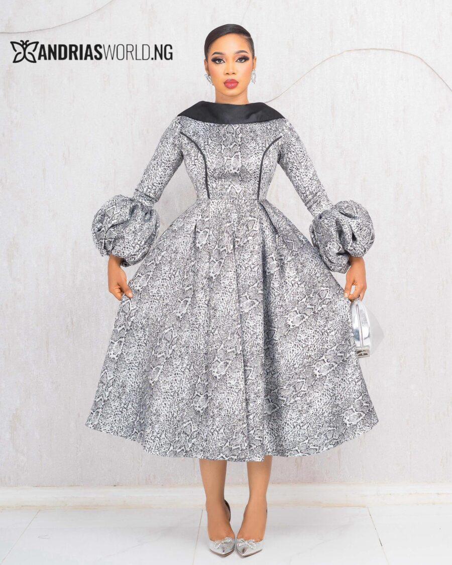 BLACK AND SILVER DAMASK SKATER DRESS WITH PUFFY SLEEVES