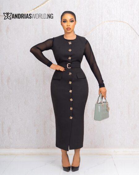 BLACK BUTTON DOWN MIDI DRESS WITH MESH SLEEVES