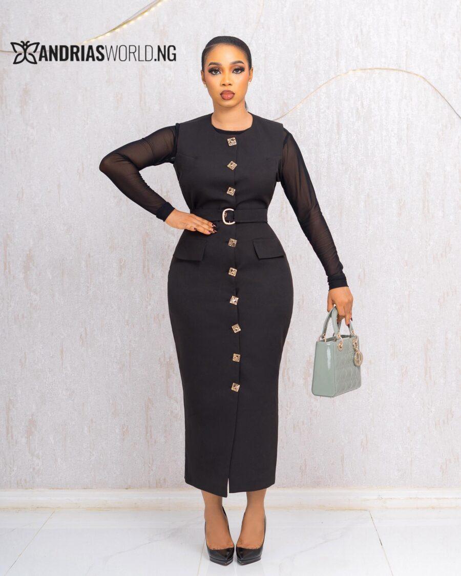 BLACK BUTTON DOWN MIDI DRESS WITH MESH SLEEVES
