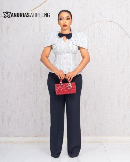 WHITE STUDDED TWEED TOP WITH NAVYBLUE TROUSER
