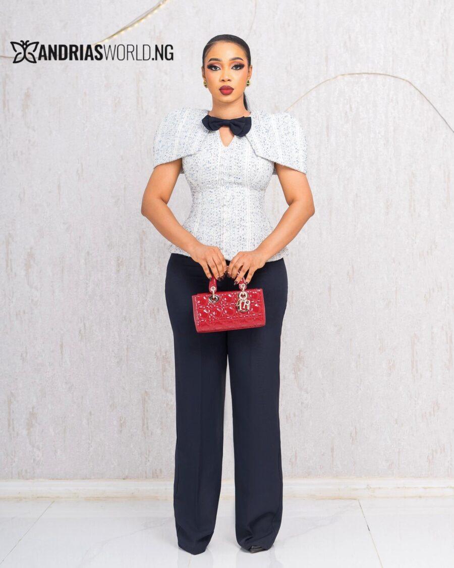 WHITE STUDDED TWEED TOP WITH NAVYBLUE TROUSER