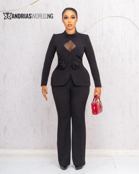 BLACK TWO PIECE TROUSER SUIT WITH ROSE