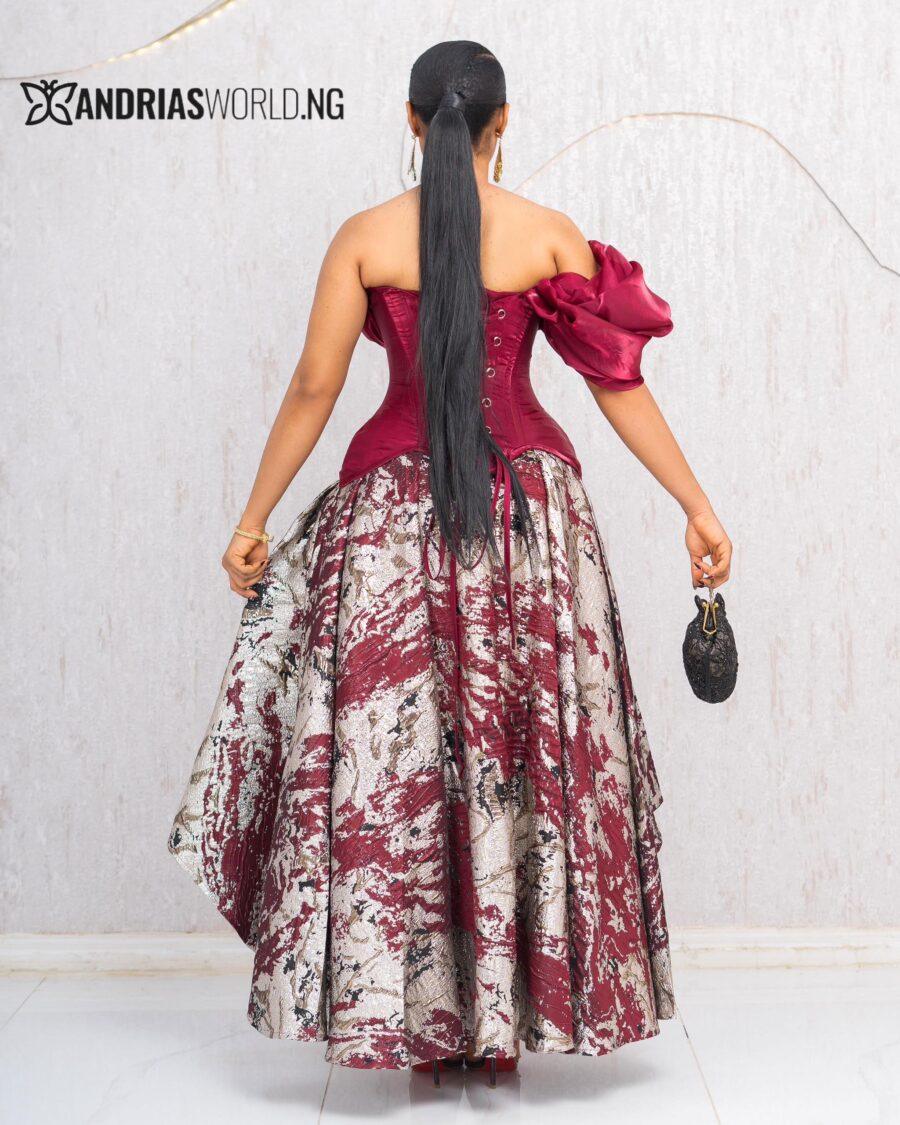 WINE RUCHED CORSET TOP WITH DAMASK SKIRT