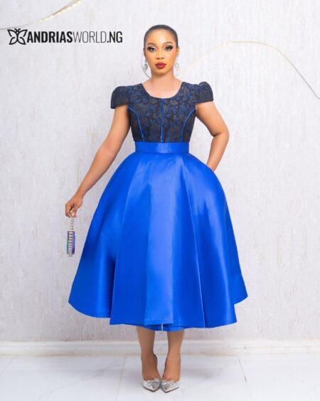 BLUE MIKADO SKATER DRESS WITH DAMASK DETAILS