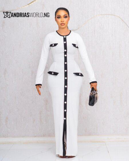 WHITE AND BLACK RIBBED MAXI BUTTON DOWN DRESS