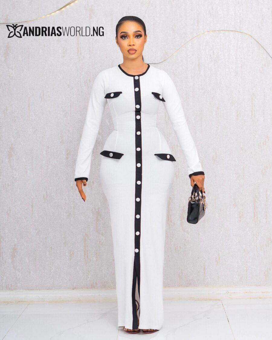 WHITE AND BLACK RIBBED MAXI BUTTON DOWN DRESS