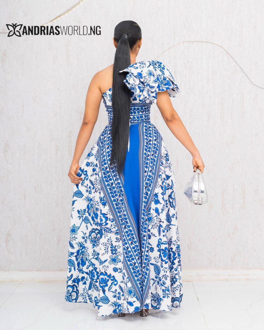 BLUE AND WHITE PRINT MAXI SUN DRESS