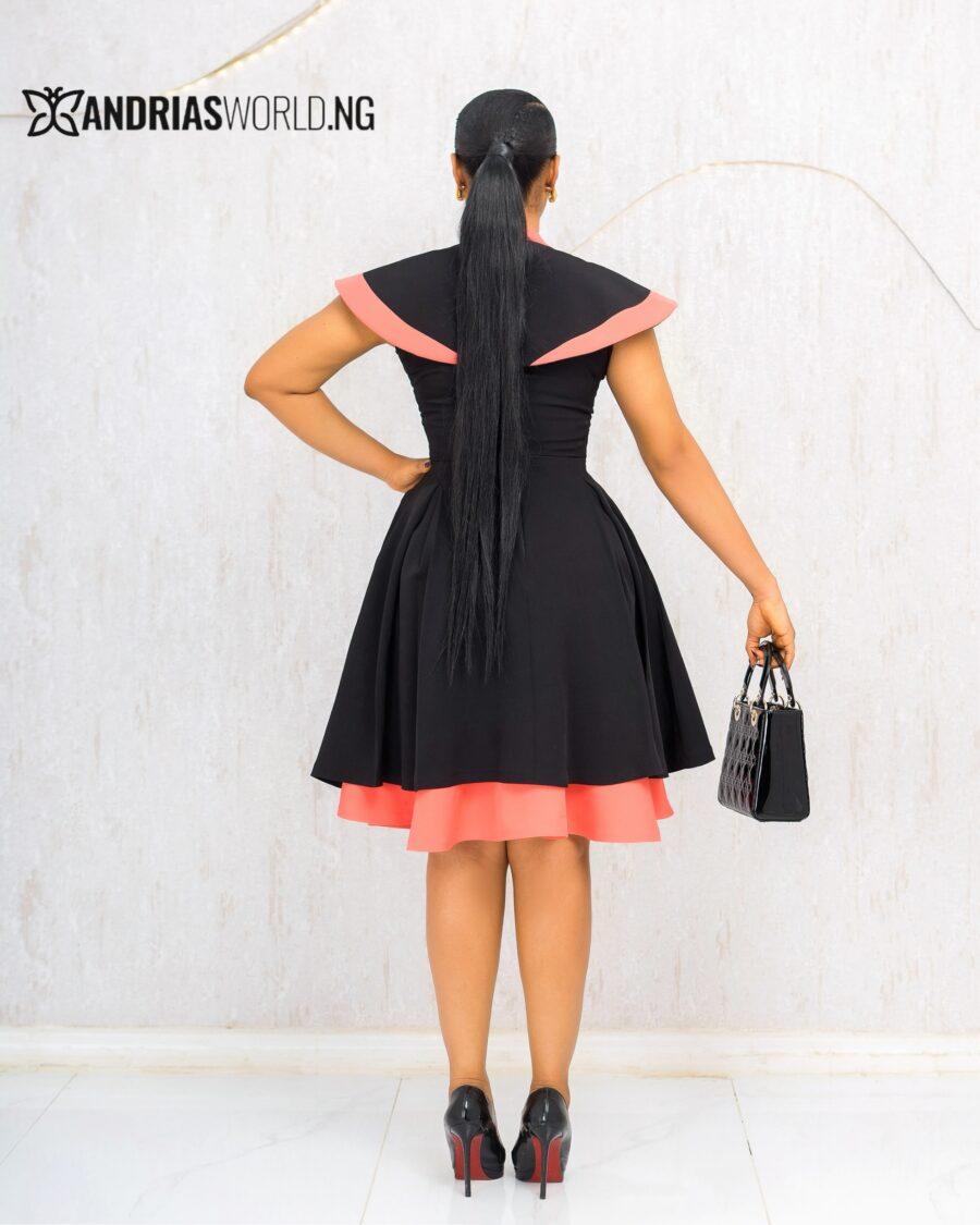 BLACK AND PEACH SKATER DRESS WITH CAPE