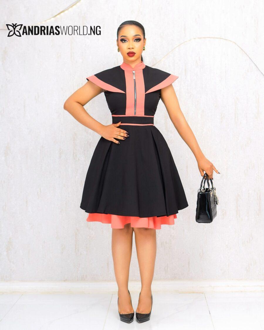 BLACK AND PEACH SKATER DRESS WITH CAPE