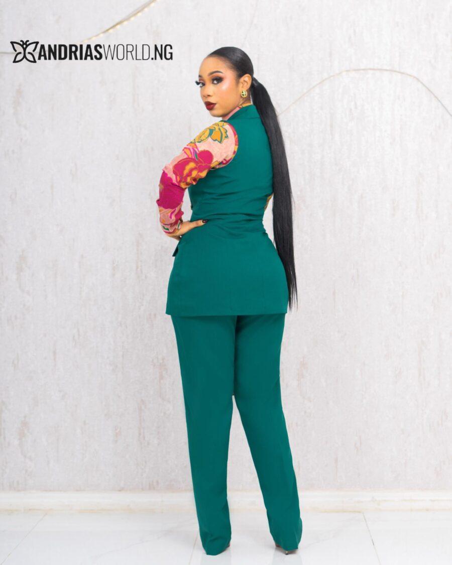 GREEN THREE PIECE TROUSER SET WITH FLORAL TOP