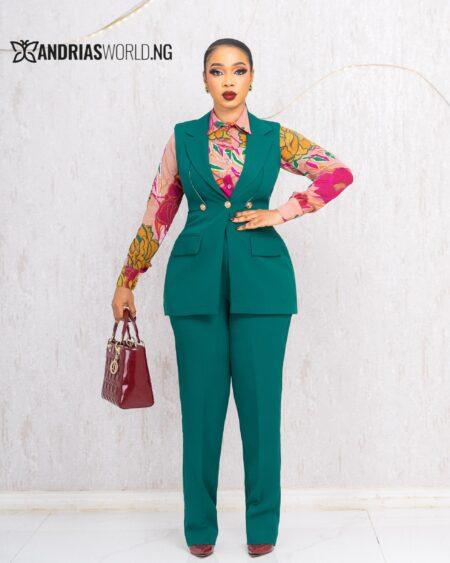 GREEN THREE PIECE TROUSER SET WITH FLORAL TOP