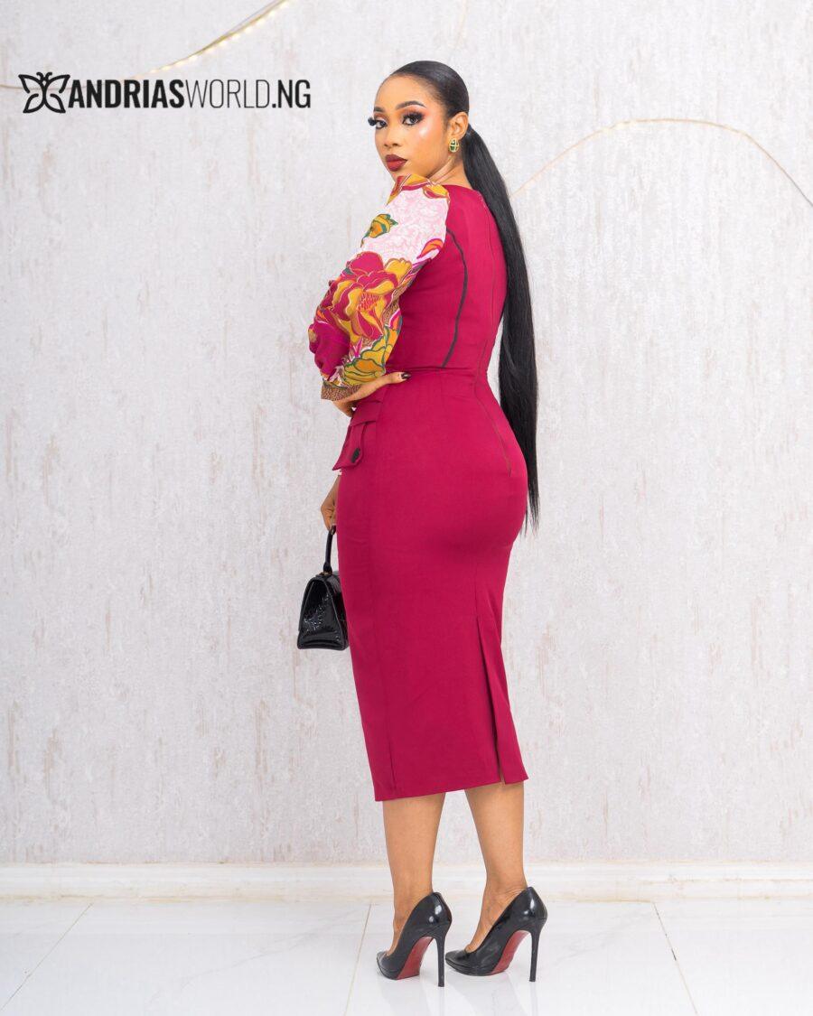 WINE MIDI DRESS WITH FLORAL SLEEVES