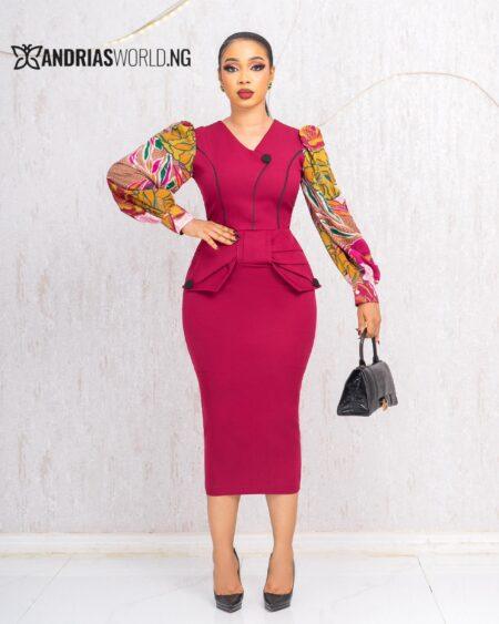 WINE MIDI DRESS WITH FLORAL SLEEVES