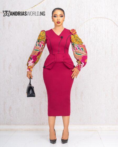 WINE MIDI DRESS WITH FLORAL SLEEVES