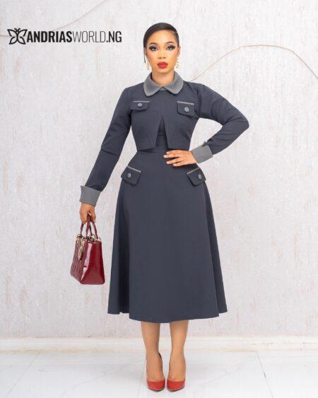 GREY SKATER DRESS WITH ATTACHED JACKET