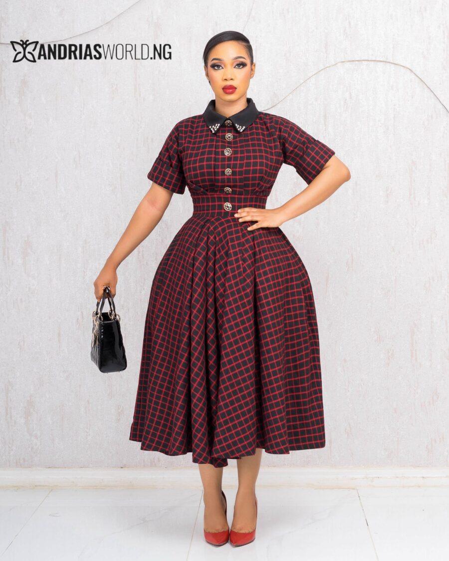 RED AND BLACK CHECK TWEED DRESS
