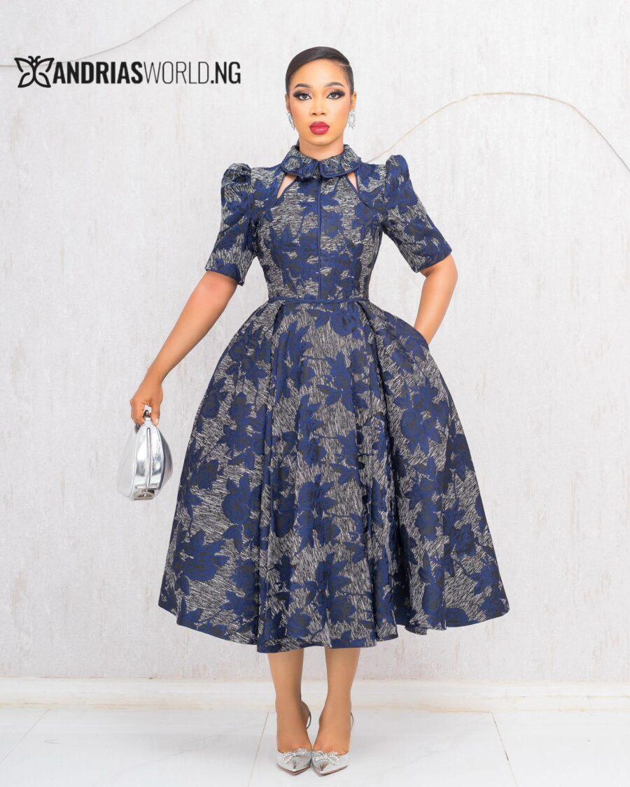 BLUE DAMASK SKATER DRESS