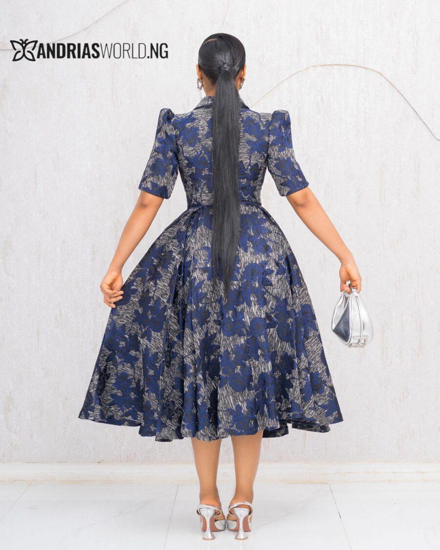 BLUE DAMASK SKATER DRESS