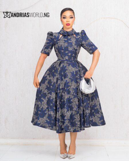 BLUE DAMASK SKATER DRESS