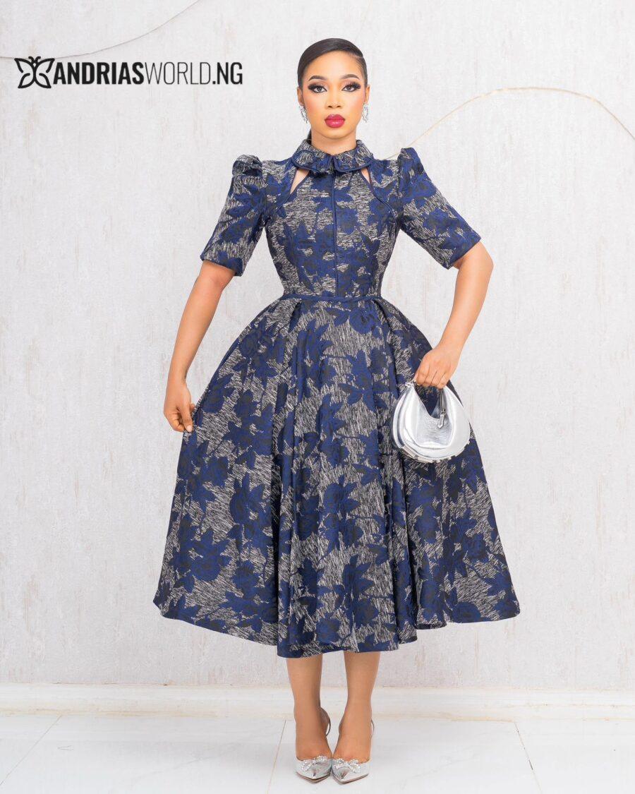 BLUE DAMASK SKATER DRESS