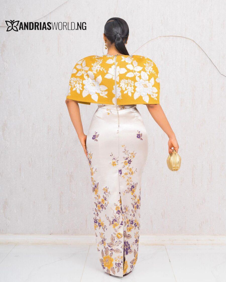NUDE MAXI DAMASK CAPE DRESS