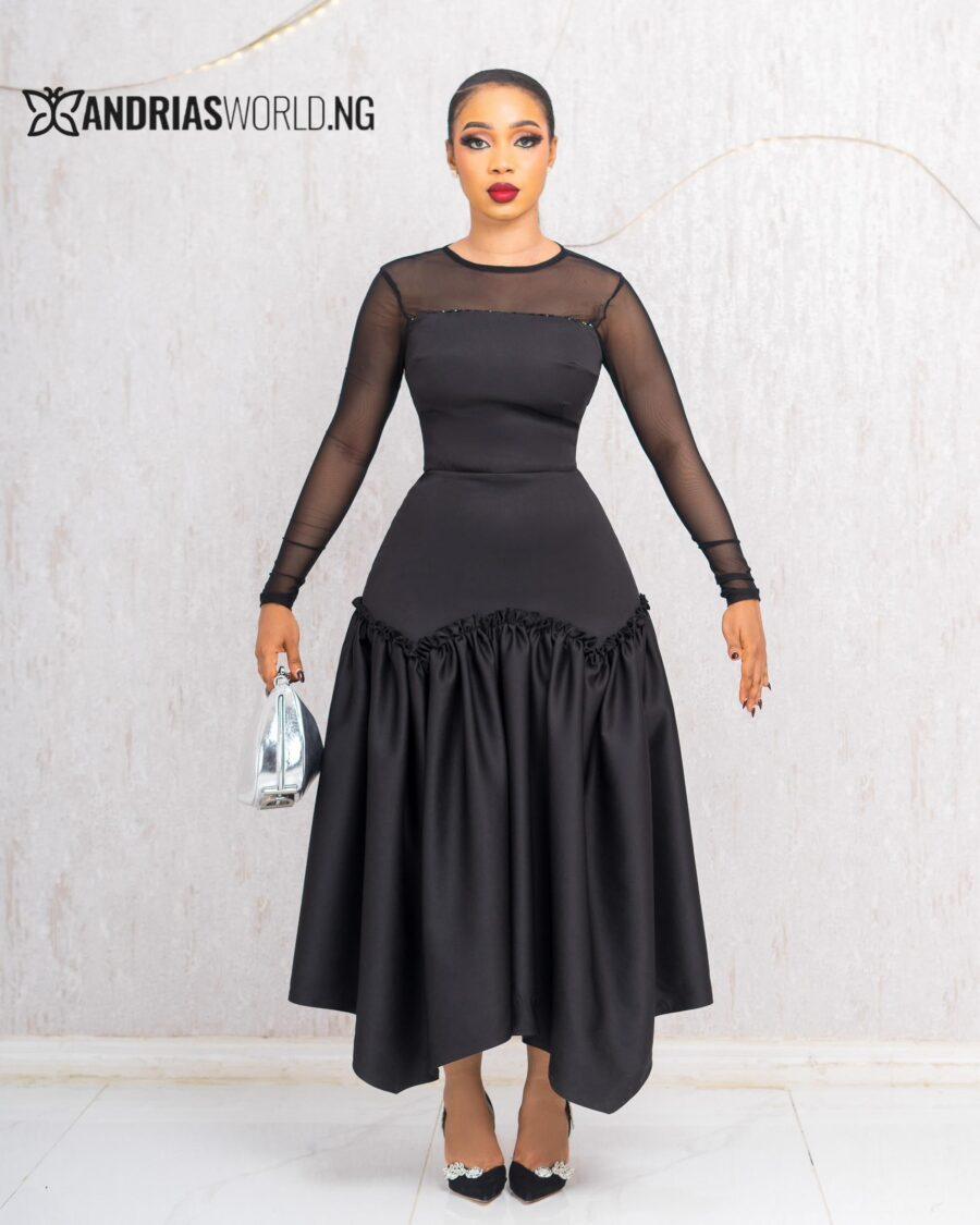 BLACK RUFFLE DRESS WITH MESH SLEEVES