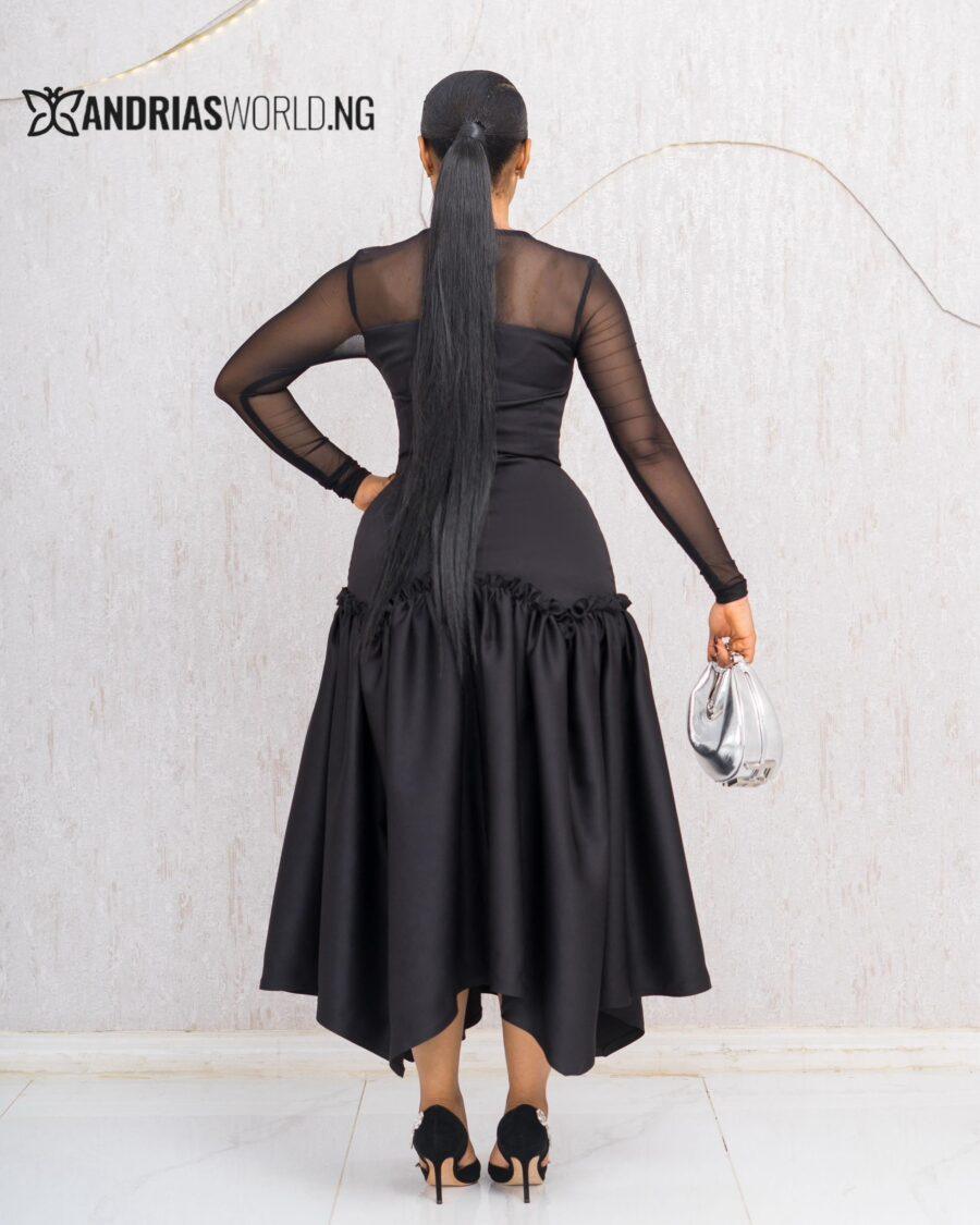 BLACK RUFFLE DRESS WITH MESH SLEEVES
